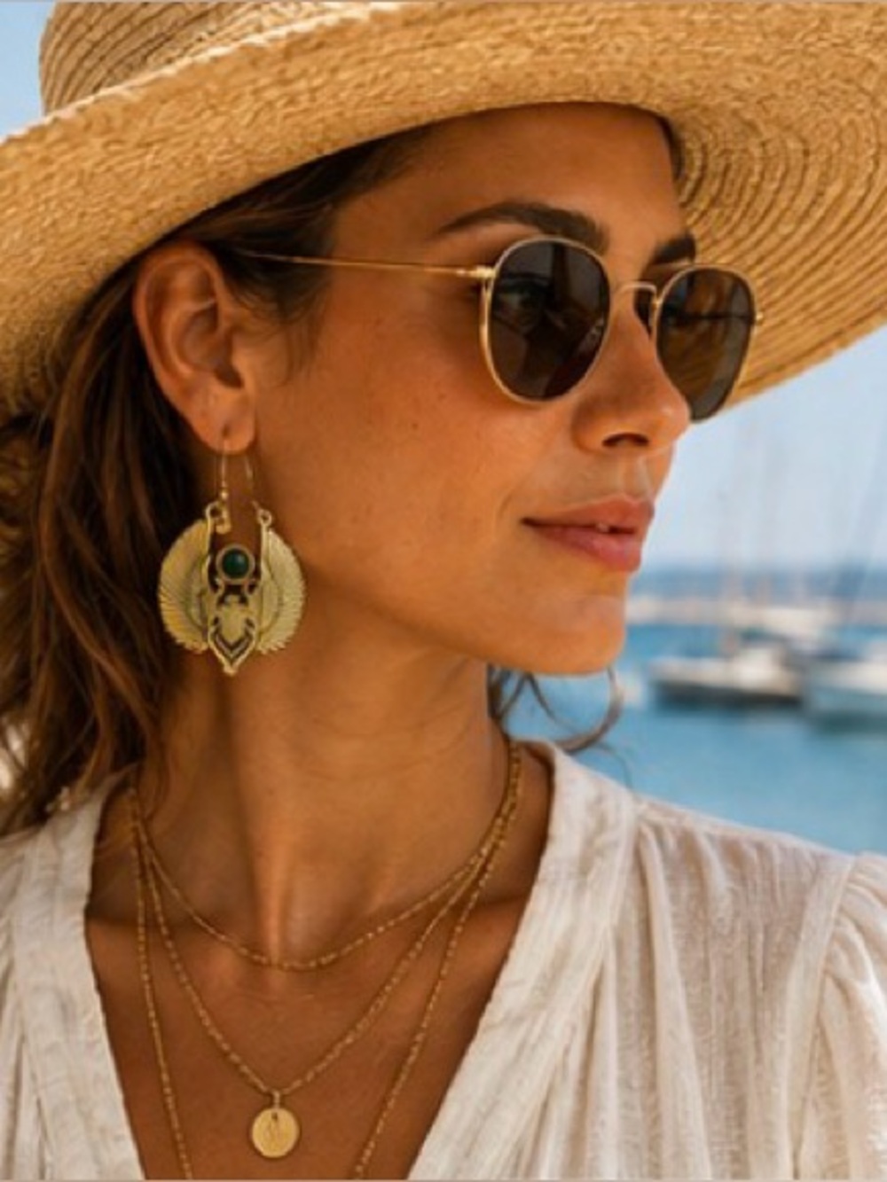 Julie Vos Ben-Amun Inspired Egyptian Revival Green Scarab Wing Earrings Gold